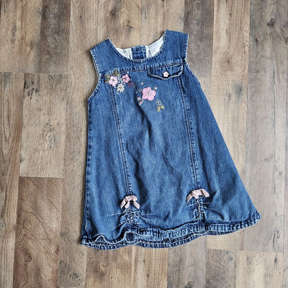 VTG b.t. kids Girls 6X Denim Dress Sleeveless Floral Embroidery Jean Jumper Bows